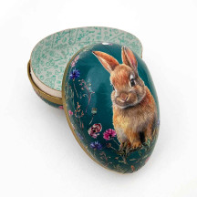 4-1/2" Bunny with Flowers on Teal Papier Mache Easter Egg Container ~ Germany